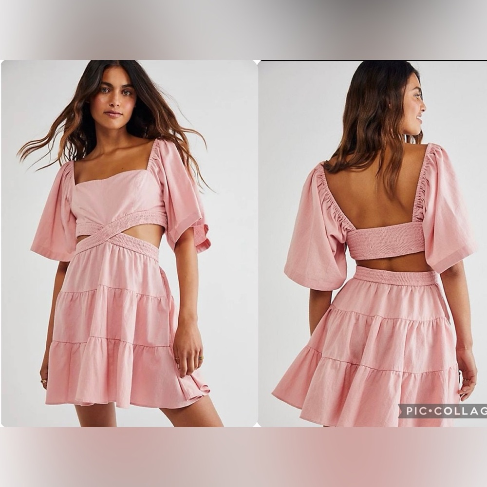 Free People Cross Of Sunlight Pink Mini Dress Cutout Smocked Pink Tiered Sz M.